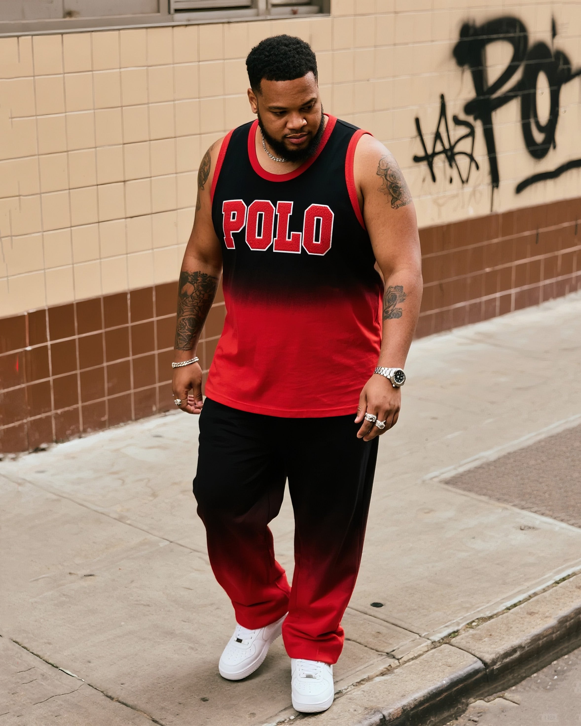 Big & Tall Black Red Gradient Vest Pants Set for big men view 1