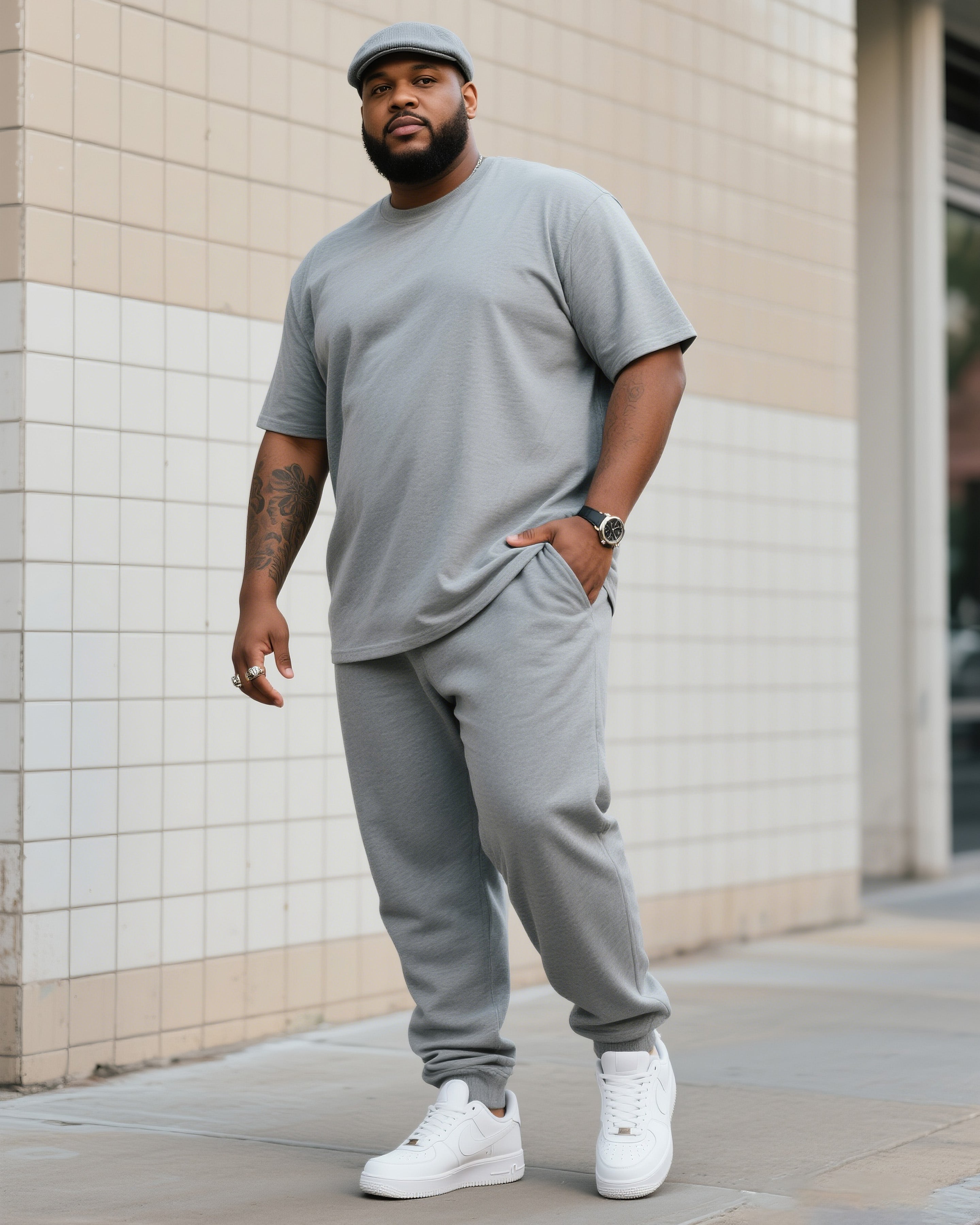 Big & Tall Solid Color T-Shirt Pants Set for big men view 8