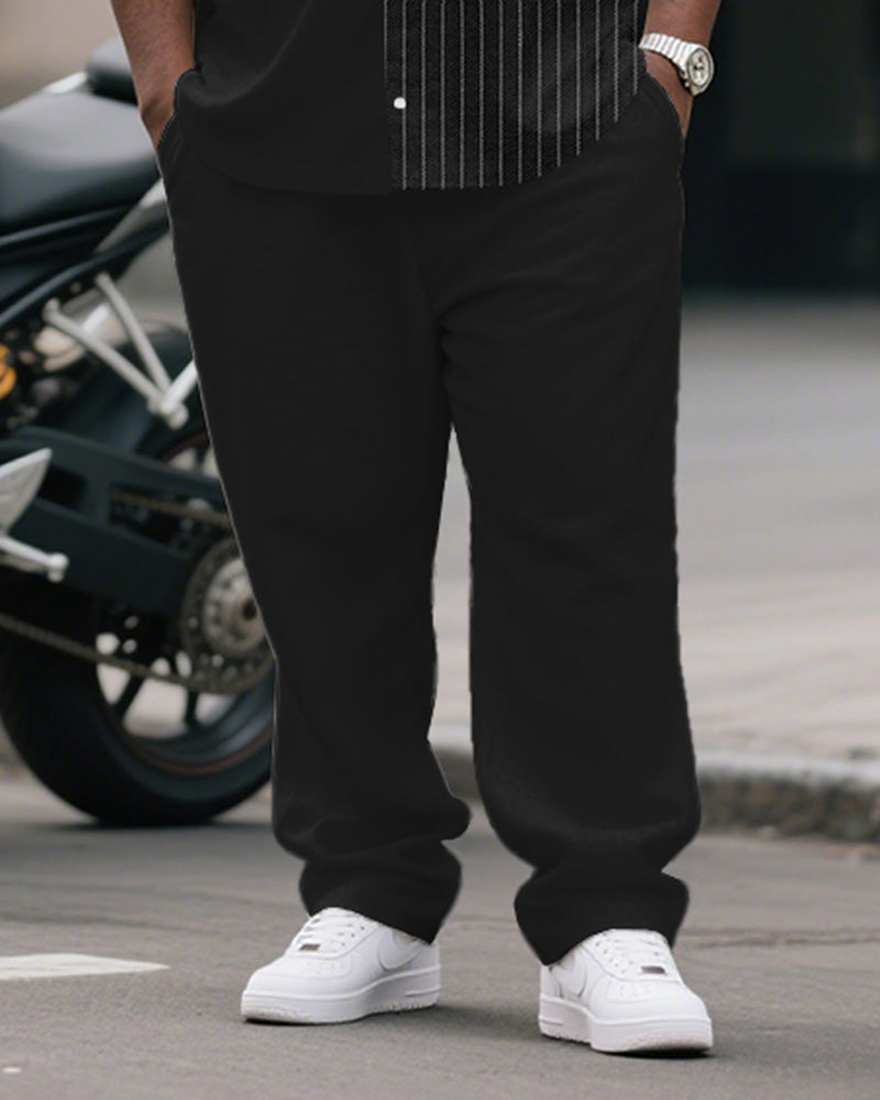 Big & Tall Black Striped Patchwork T-Shirt Pants Set for big men view 3