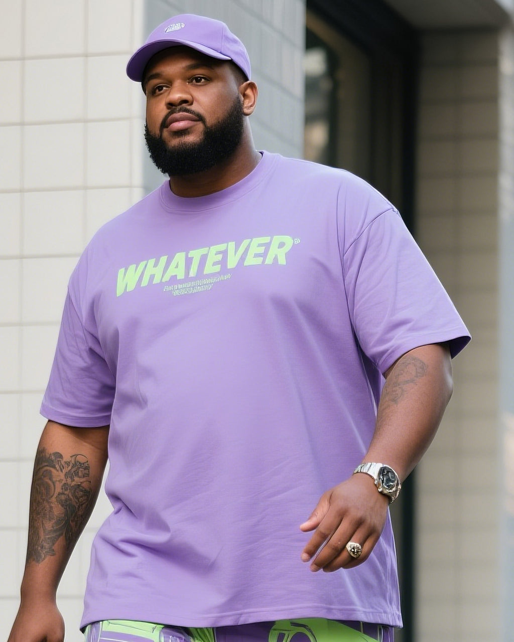 Big & Tall Green Graphic Streetwear Two-piece Set for big men view 1