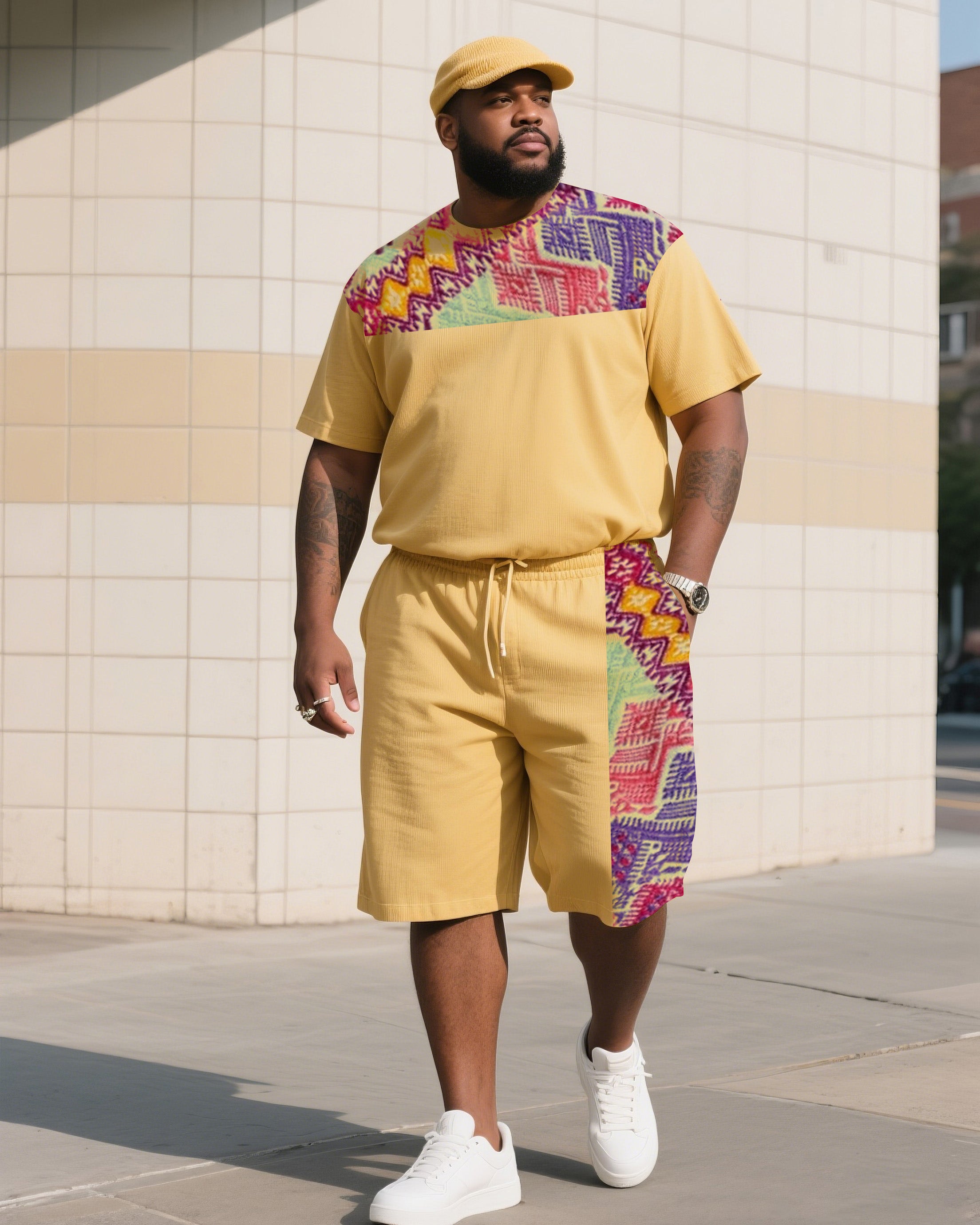 Big & Tall Patchwork T-Shirt Shorts Set for big men view 1