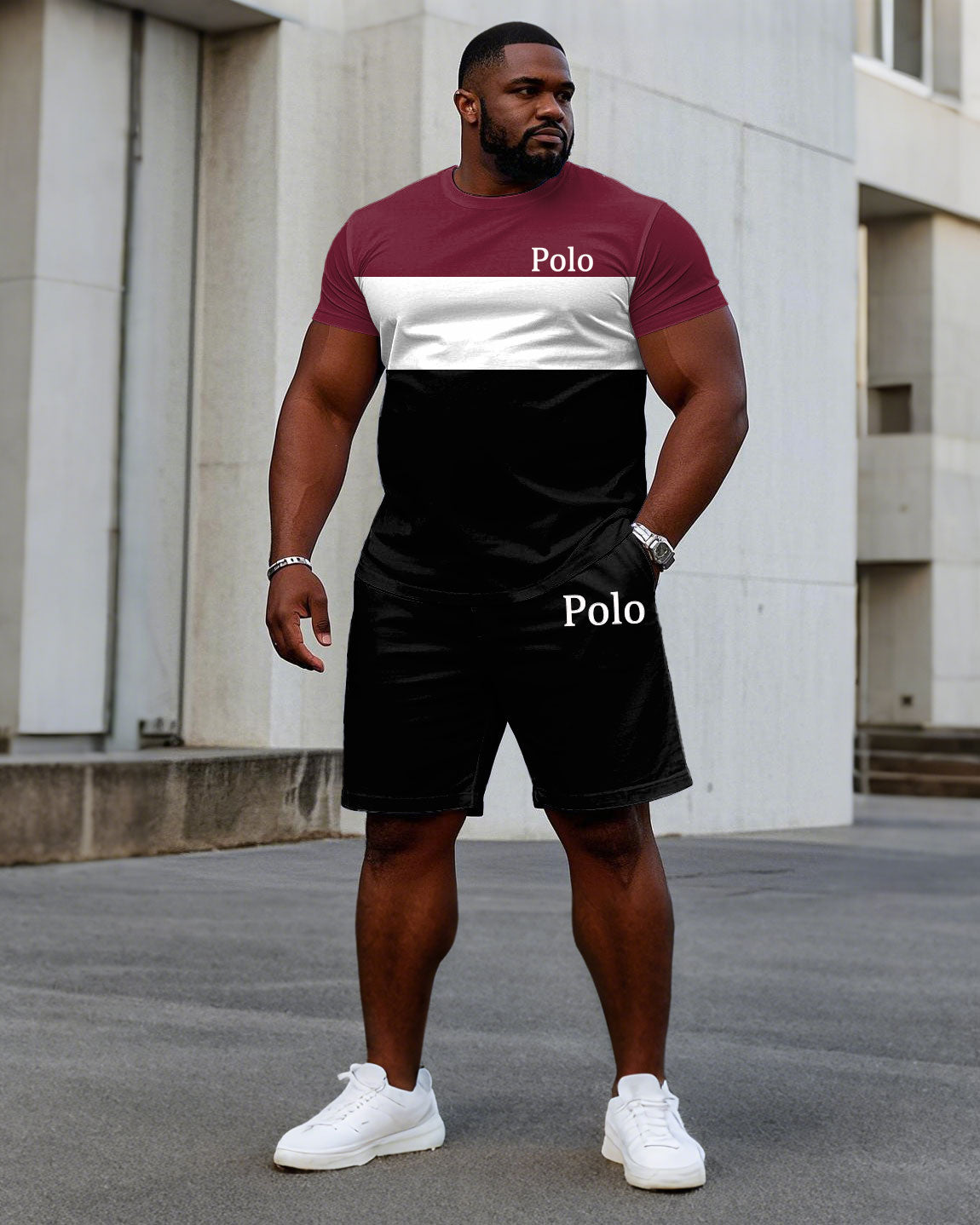 Big & Tall Black Red Colorblock T-Shirt Shorts Set for big men view 1