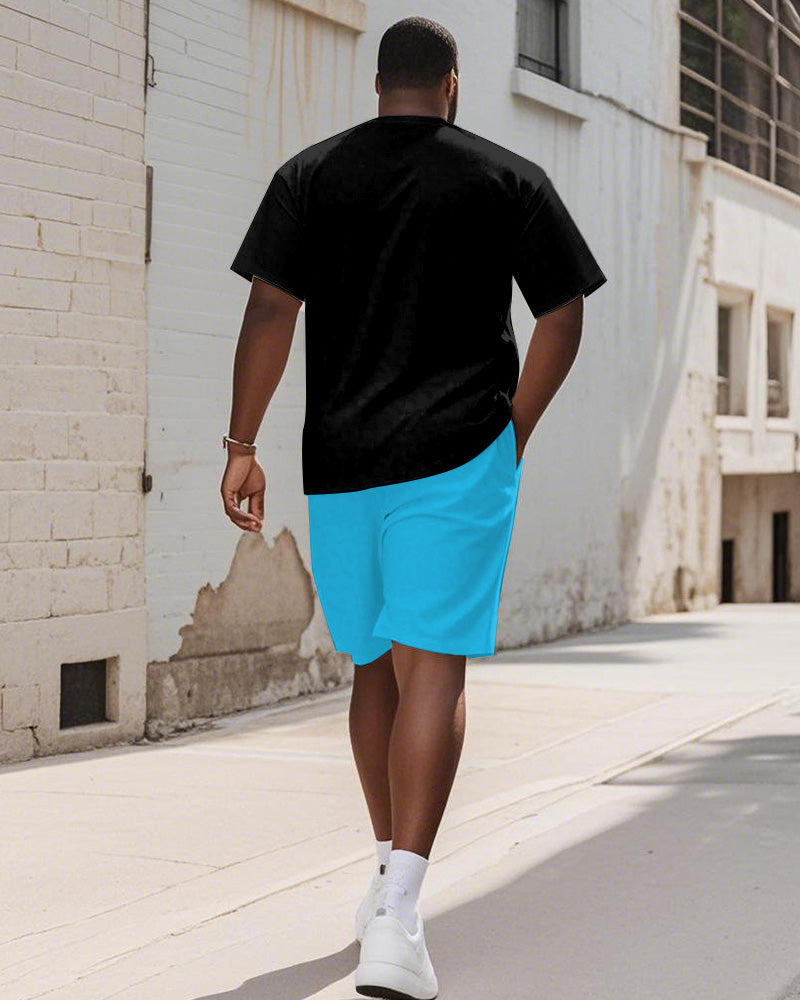 Big & Tall Black Blue Graphic T-Shirt Shorts Set for big men view 4