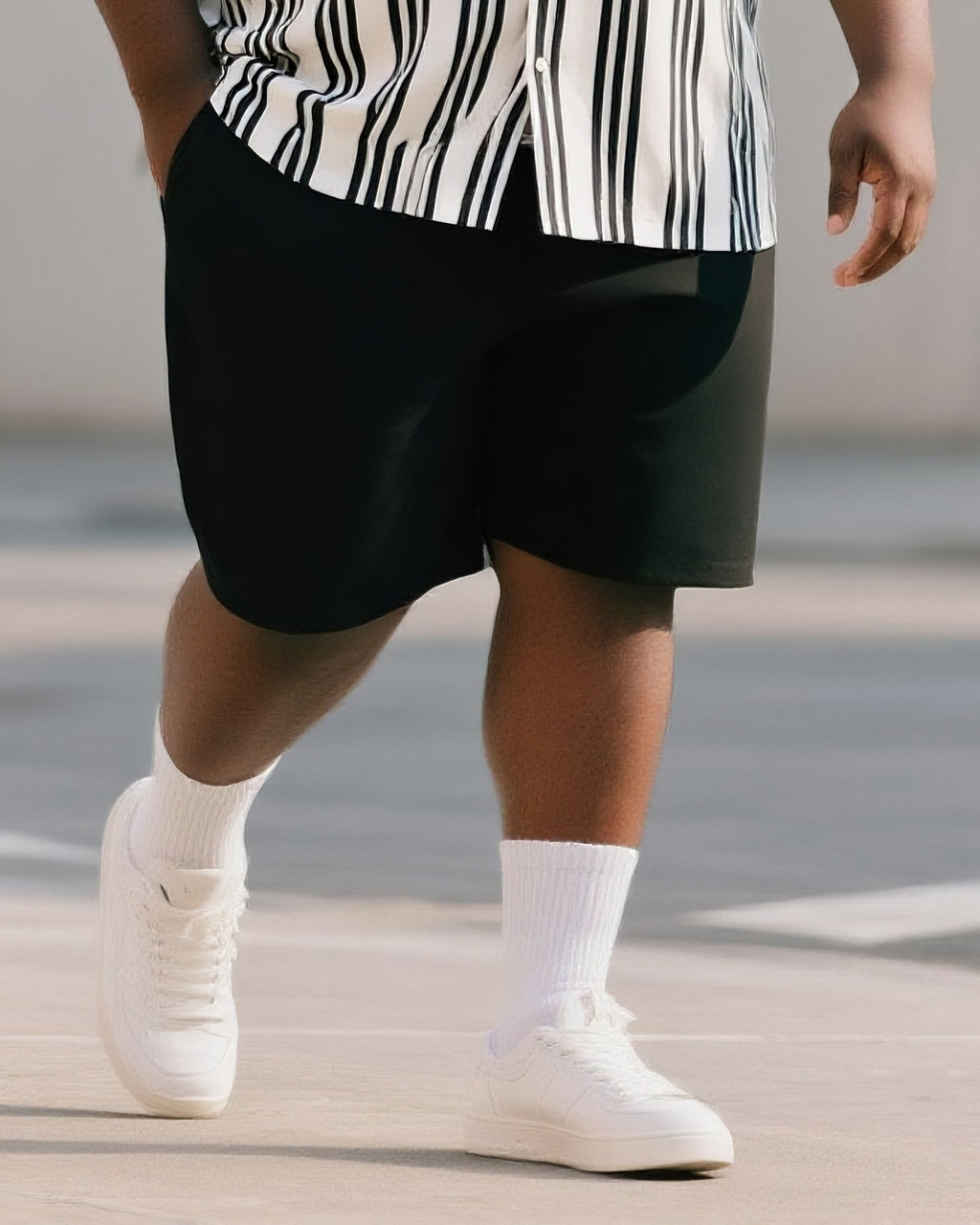 Big & Tall Black White Striped T-Shirt Shorts Set for big men view 3