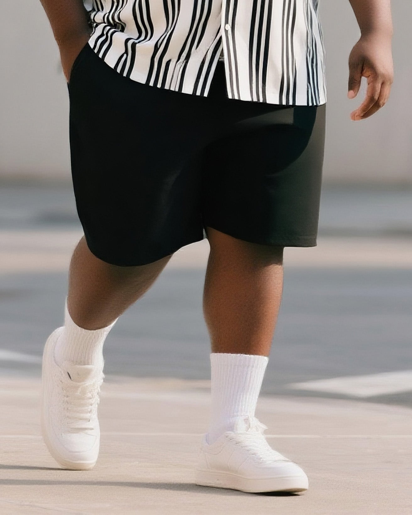Big & Tall Black White Striped T-Shirt Shorts Set for big men view 3