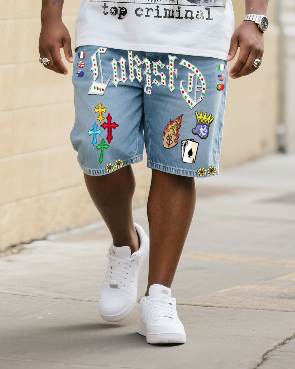 Big & Tall Denim Streetwear T-Shirt Shorts Set for big men view 3
