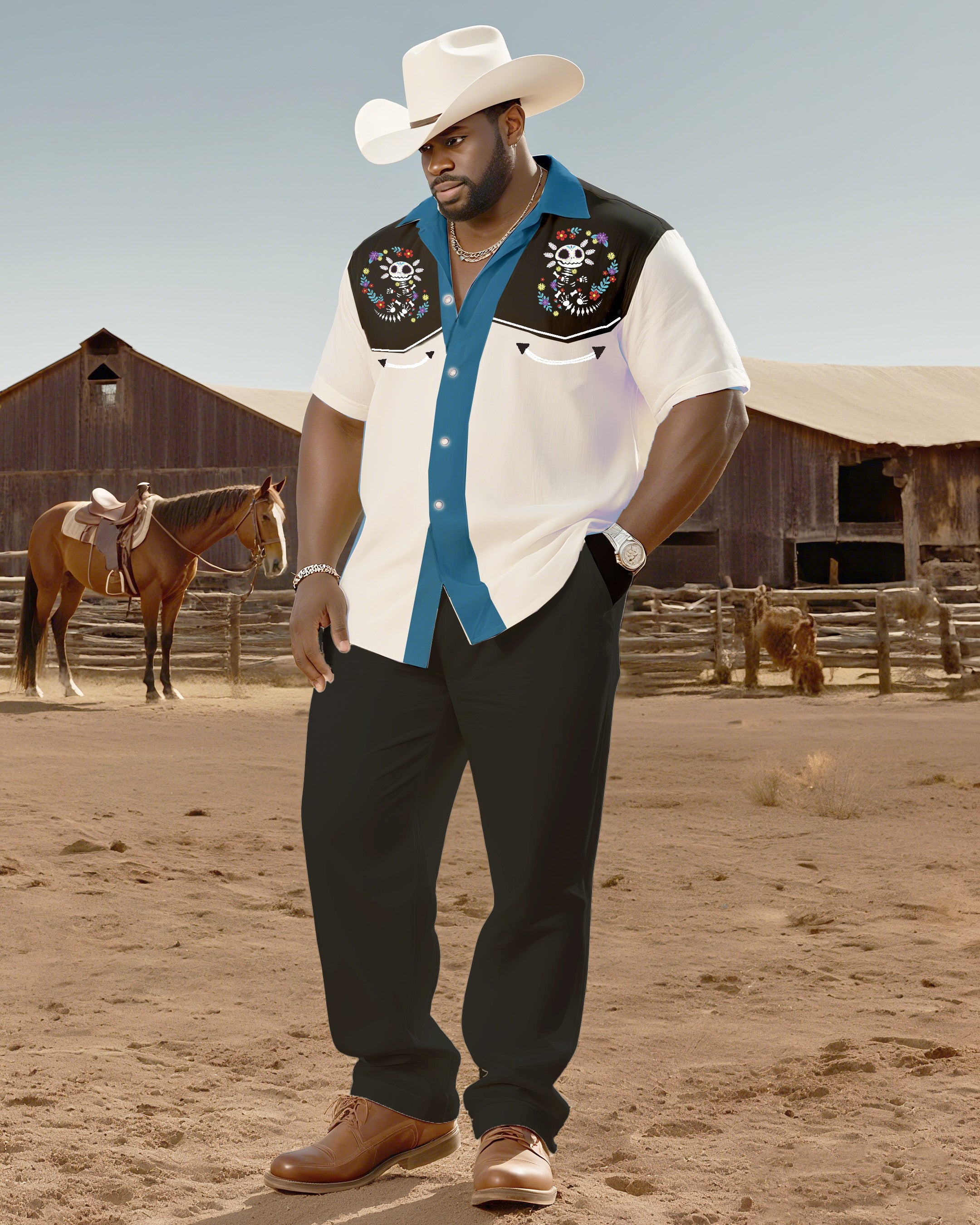 Big & Tall Western Graphic Skull T-Shirt Pants Set for big men view 1