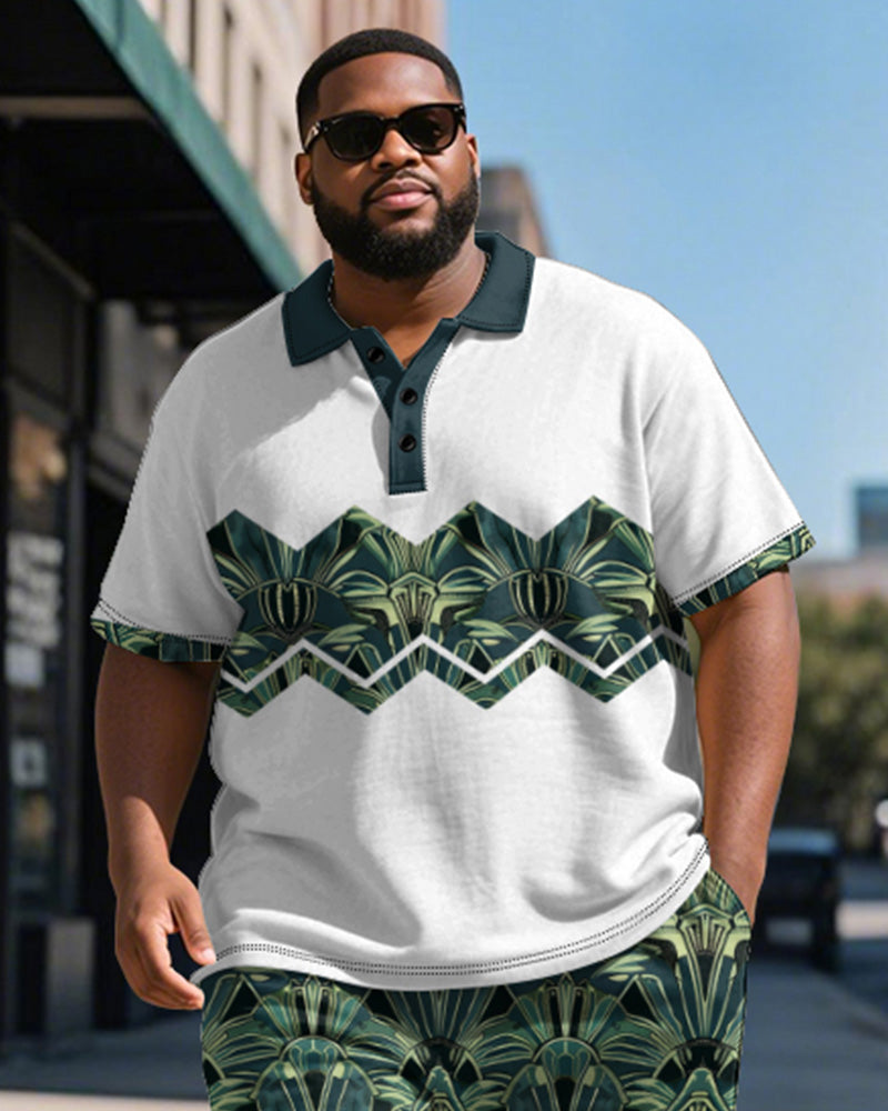 Big & Tall Green Colorblock Geometric Polo Shorts Set for big men view 3