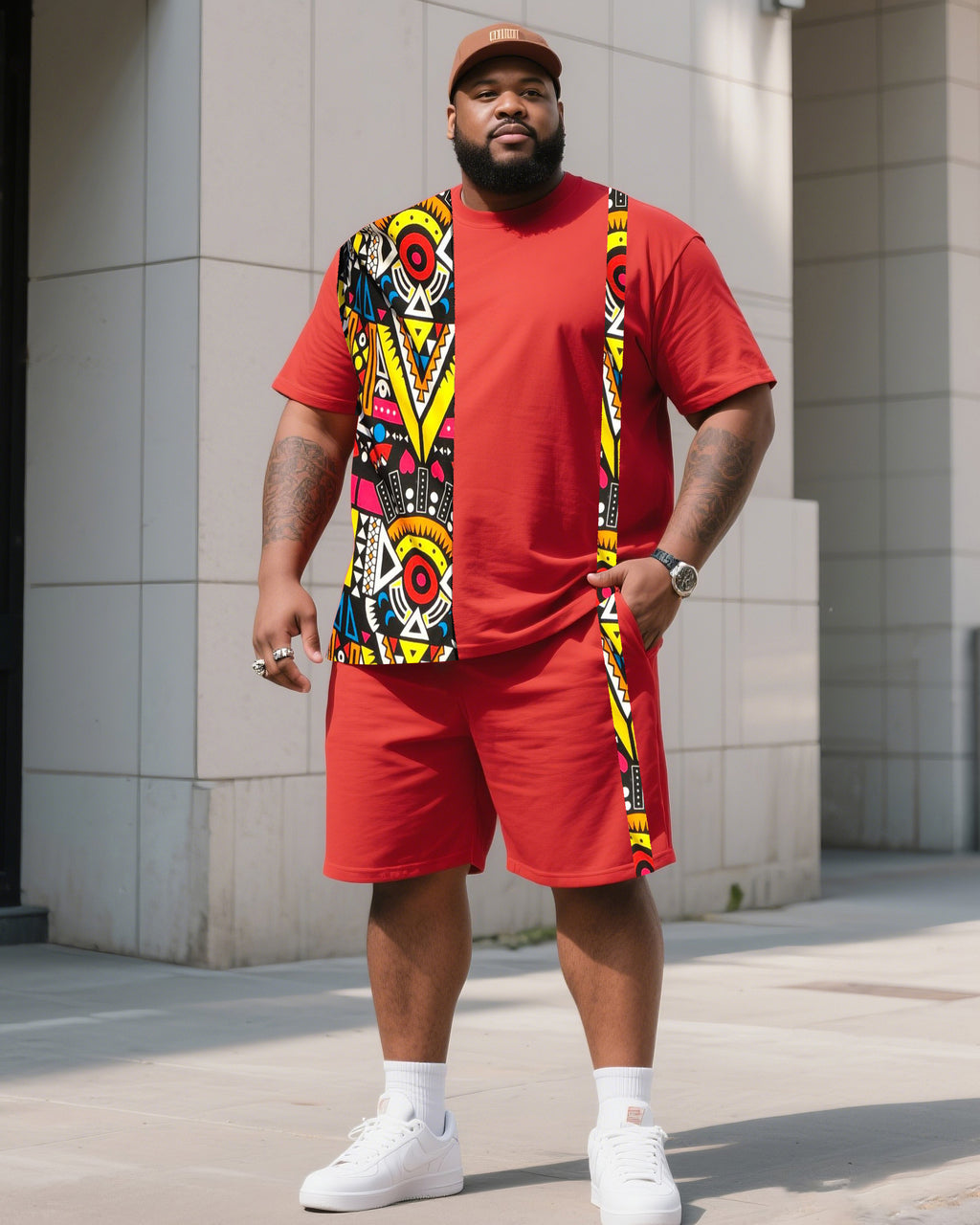 Big & Tall Red Striped Graphic T-Shirt Shorts Set for big men view 1