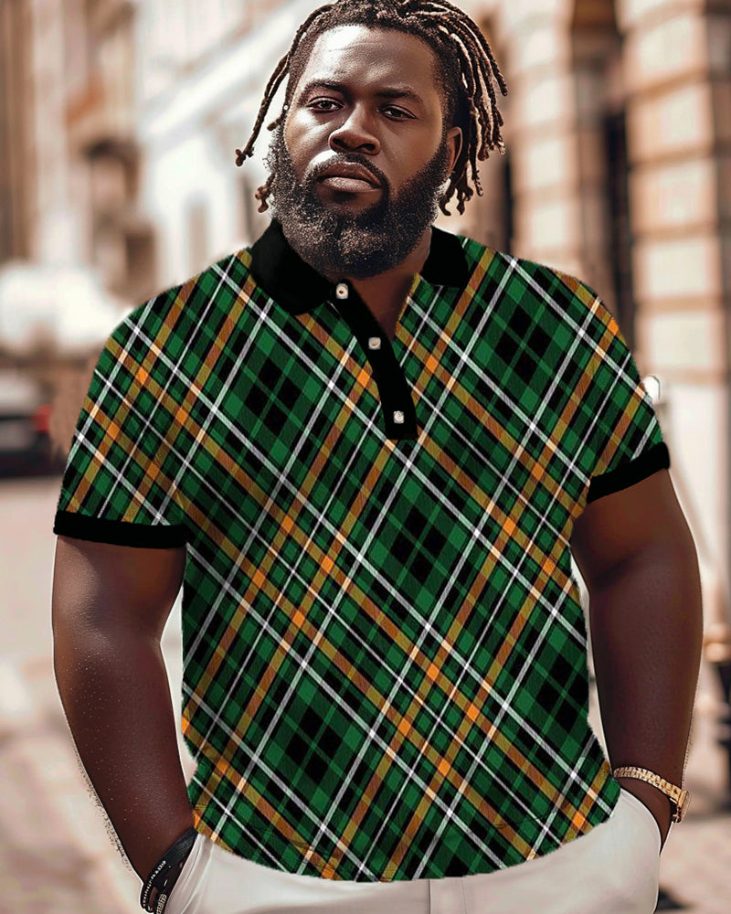 Big & Tall Geometric Plaid Polo Shorts Set for big men
