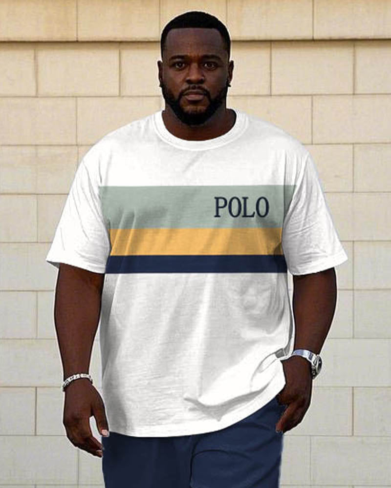 Big & Tall White Blue Colorblock T-Shirt Pants Set for big men view 2