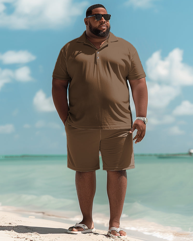 Big & Tall Brown Solid Color Polo Shorts Set for big men view 1