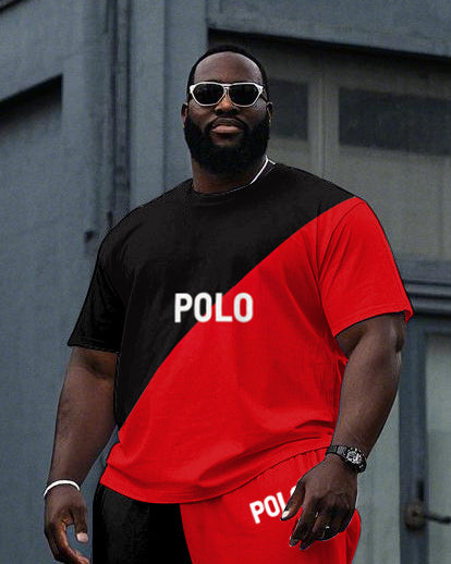 Big & Tall Black Red Colorblock T-Shirt Pants Set for big men view 2