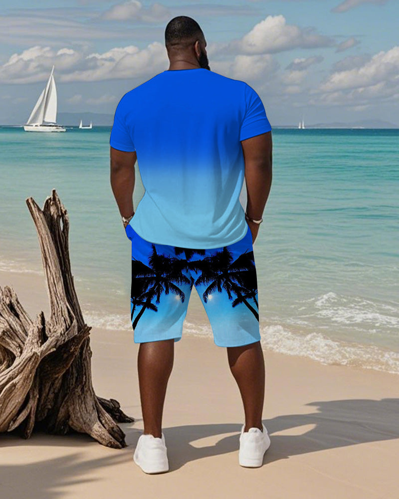 Big & Tall Blue Hawaiian Gradient T-Shirt Shorts Set for big men view 4
