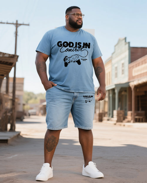Big and tall light blue God Is in Control graphic T-shirt and shorts set front view
