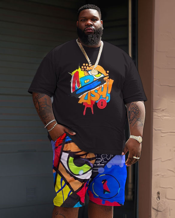 Big & Tall Graphic Graffiti Streetwear Two-piece Set for big men view 1