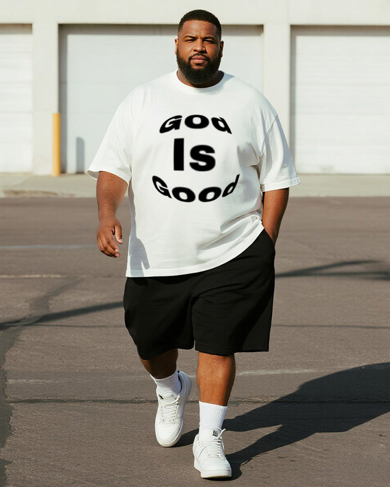 Big & Tall Black White Graphic T-Shirt Shorts Set for big men view 1