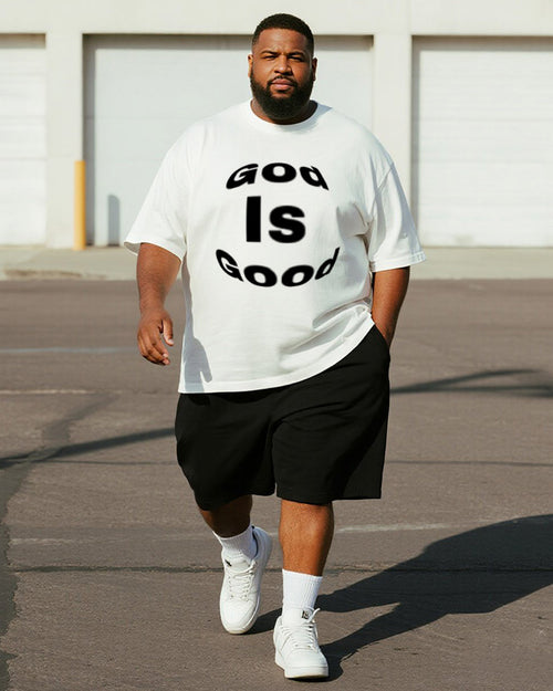 Big & Tall Black White Graphic T-Shirt Shorts Set for big men view 1