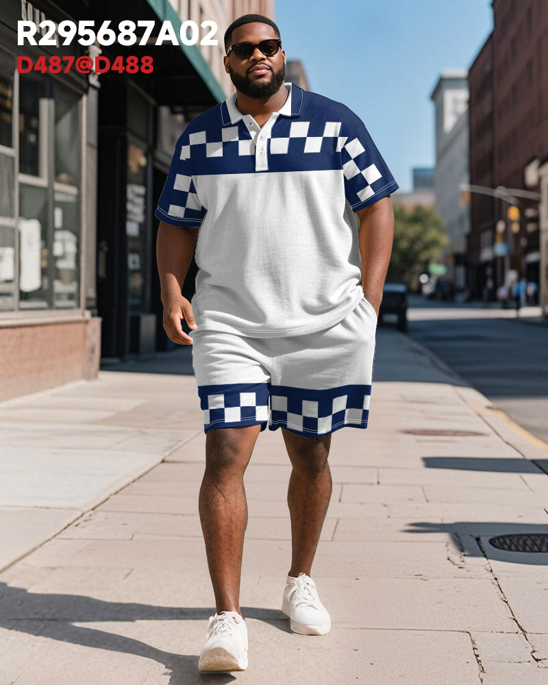 Big & Tall Blue Colorblock Graphic Polo Shorts Set for big men view 5