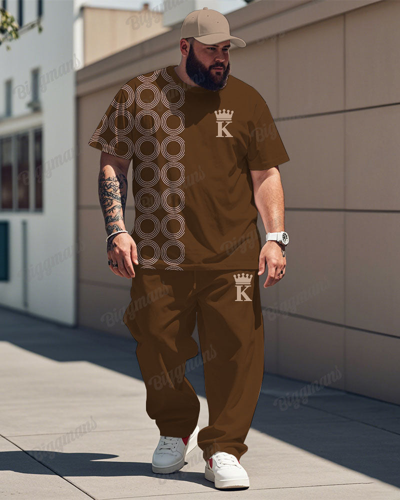 Big & Tall Brown Geometric Graphic T-Shirt Pants Set for big men view 1