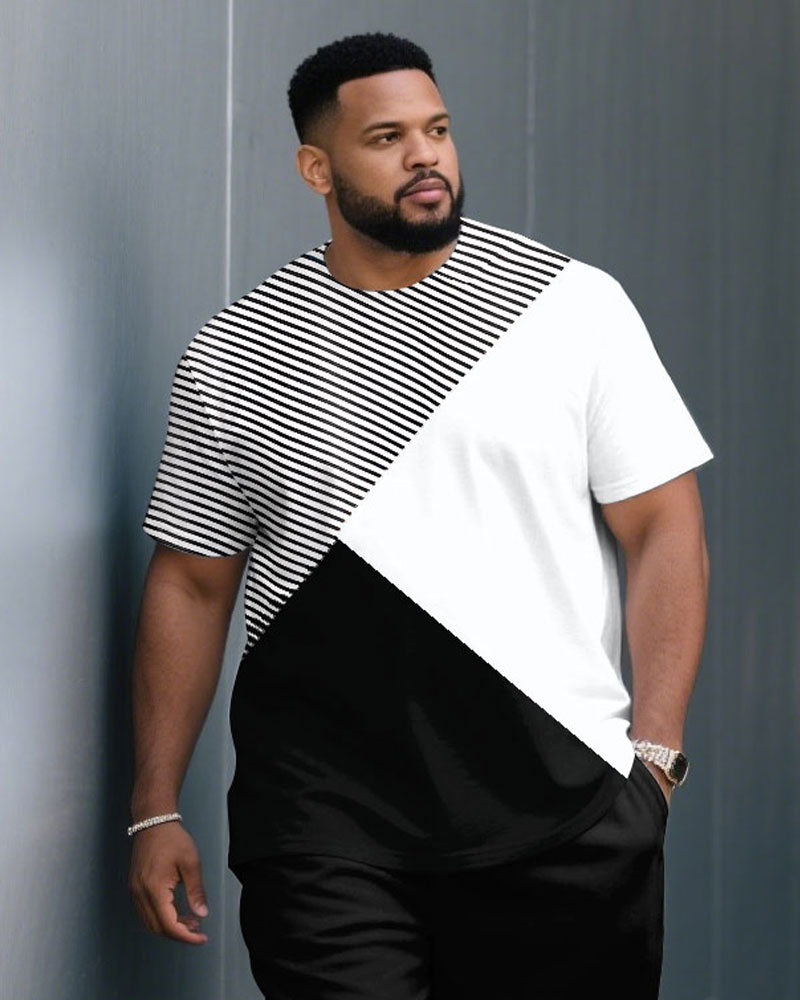 Big & Tall Black White Striped T-Shirt Shorts Set for big men view 2