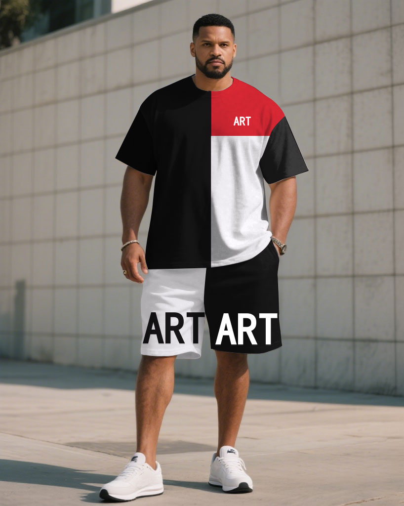 Big & Tall Black White Colorblock T-Shirt Shorts Set for big men view 1