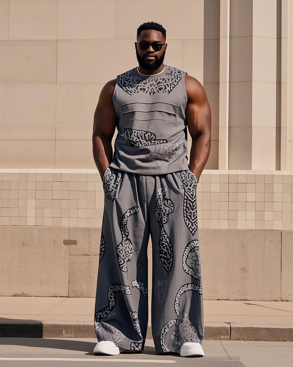 Big & Tall Streetwear Skull Vest Pants Set for big men view 3