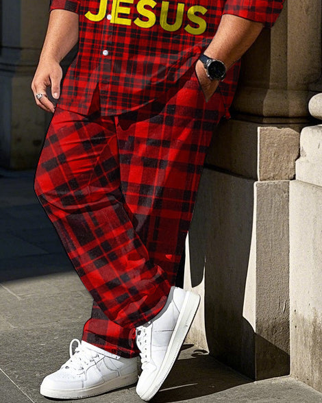Big & Tall Red Plaid T-Shirt Pants Set for big men view 3