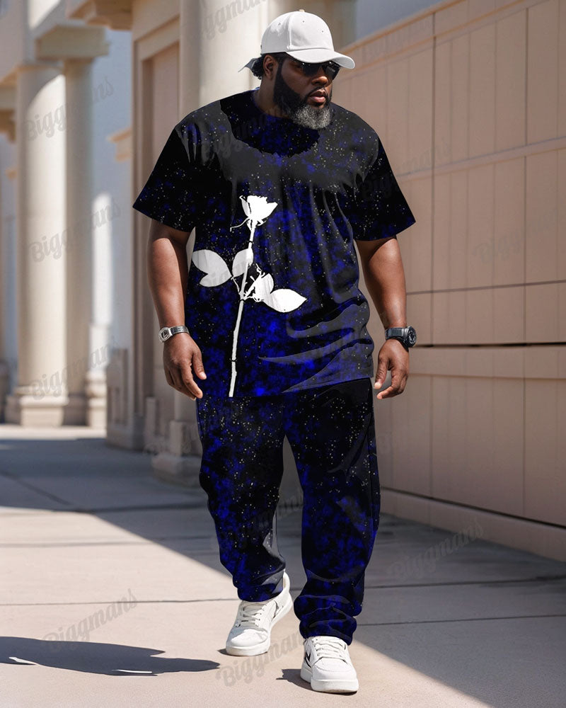 Big & Tall Black Blue Colorblock T-Shirt Pants Set for big men view 1