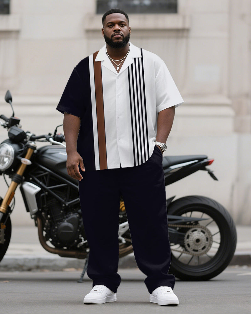 Big & Tall Brown Blue Striped T-Shirt Pants Set for big men view 1