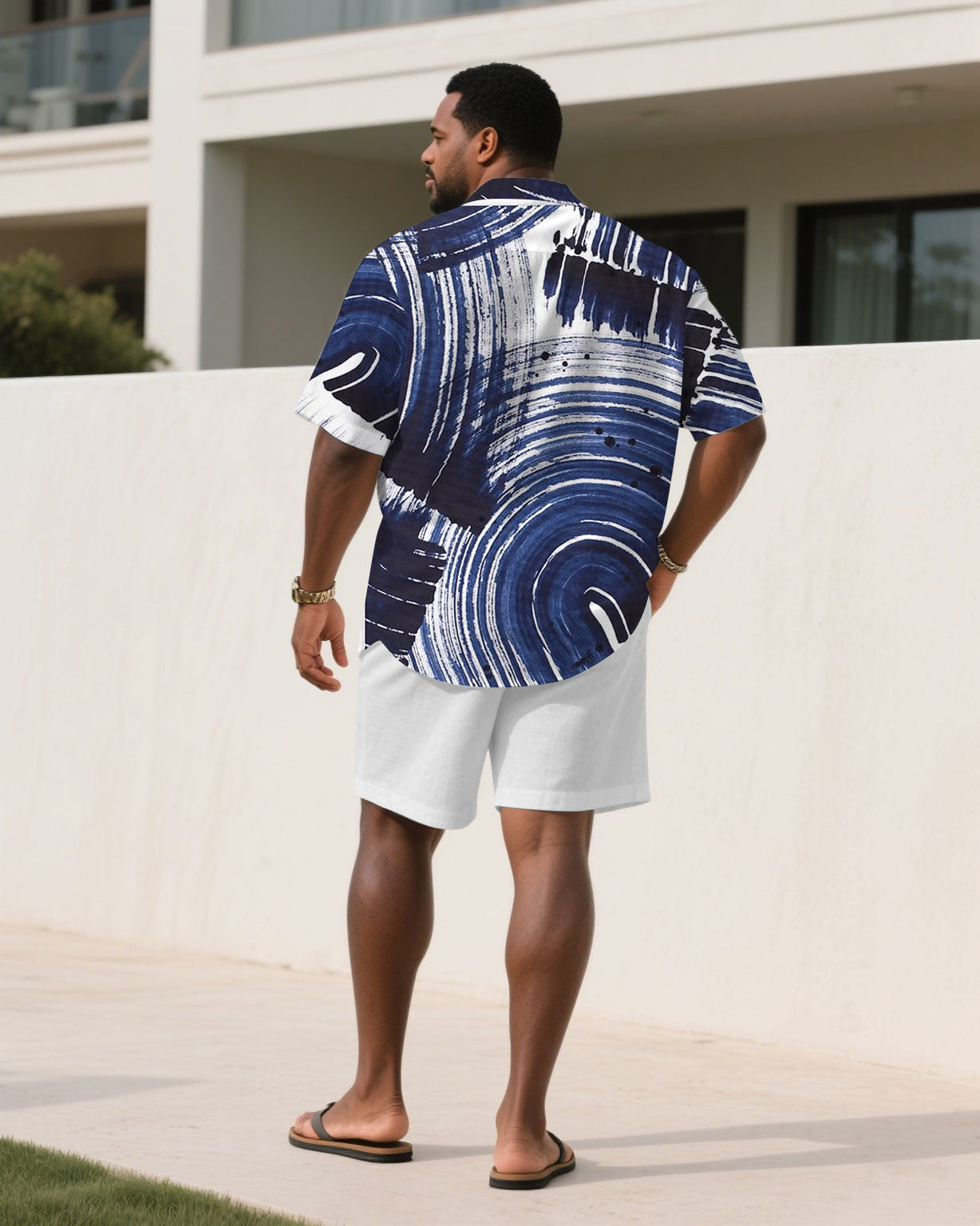 Big & Tall White Blue Graffiti T-Shirt Shorts Set for big men view 4