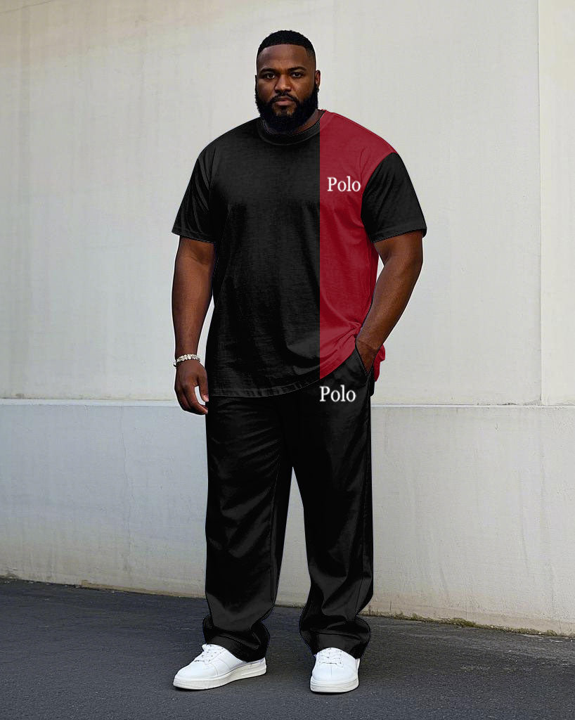 Big & Tall Black Red Colorblock T-Shirt Pants Set for big men view 1