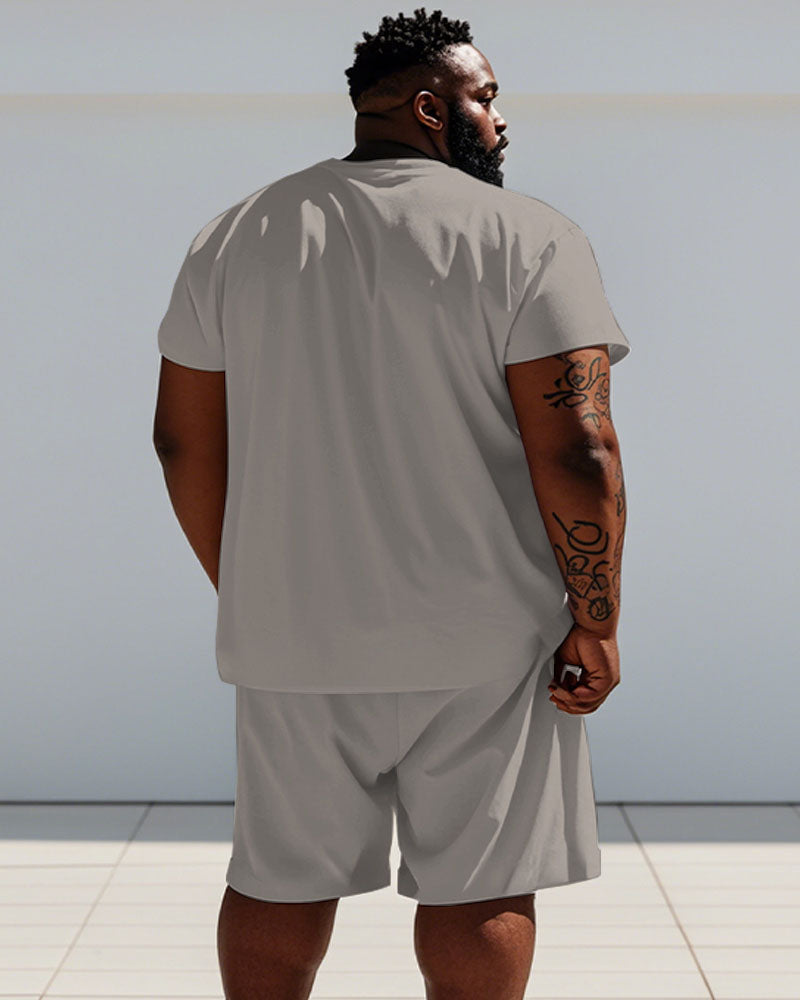 Big & Tall Khaki Striped Graphic T-Shirt Shorts Set for big men view 4