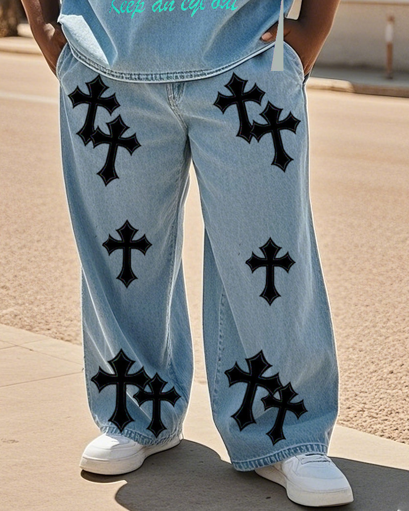 Big & Tall Denim Streetwear T-Shirt Pants Set for big men view 3