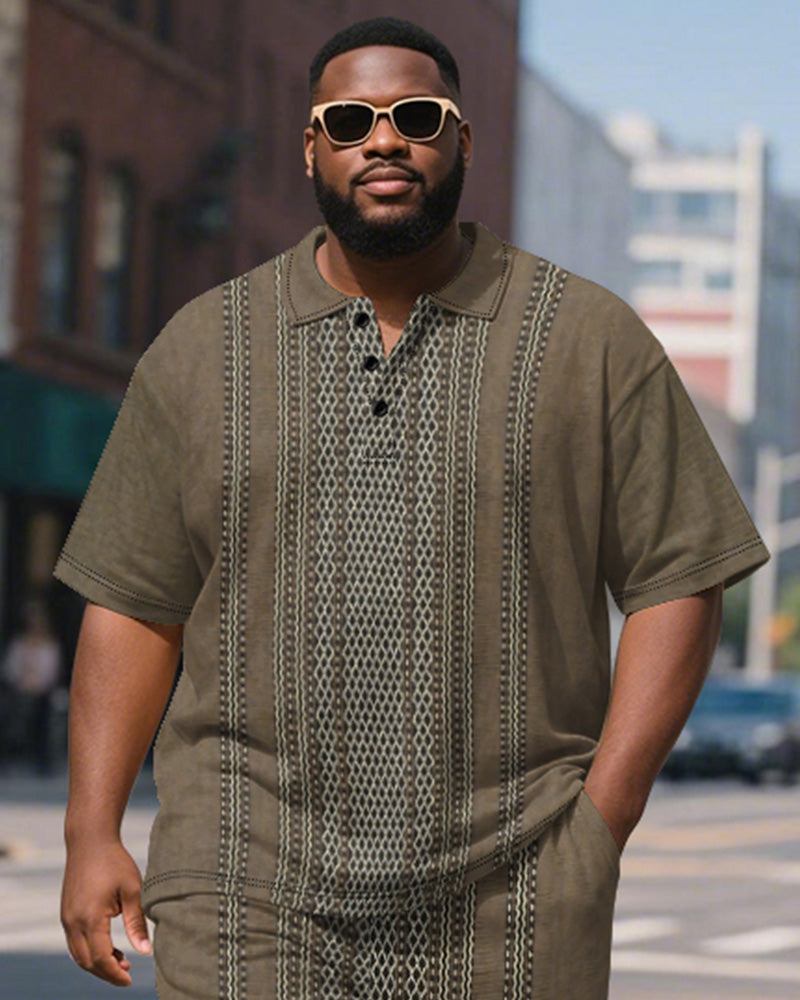 Big & Tall Brown Striped Graphic Polo Shorts Set for big men view 3