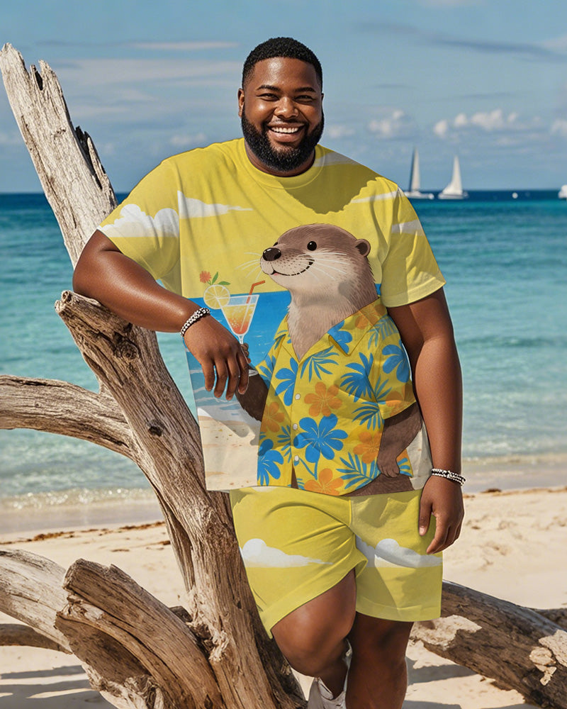 Big & Tall Yellow Hawaiian Graphic T-Shirt Shorts Set for big men view 1
