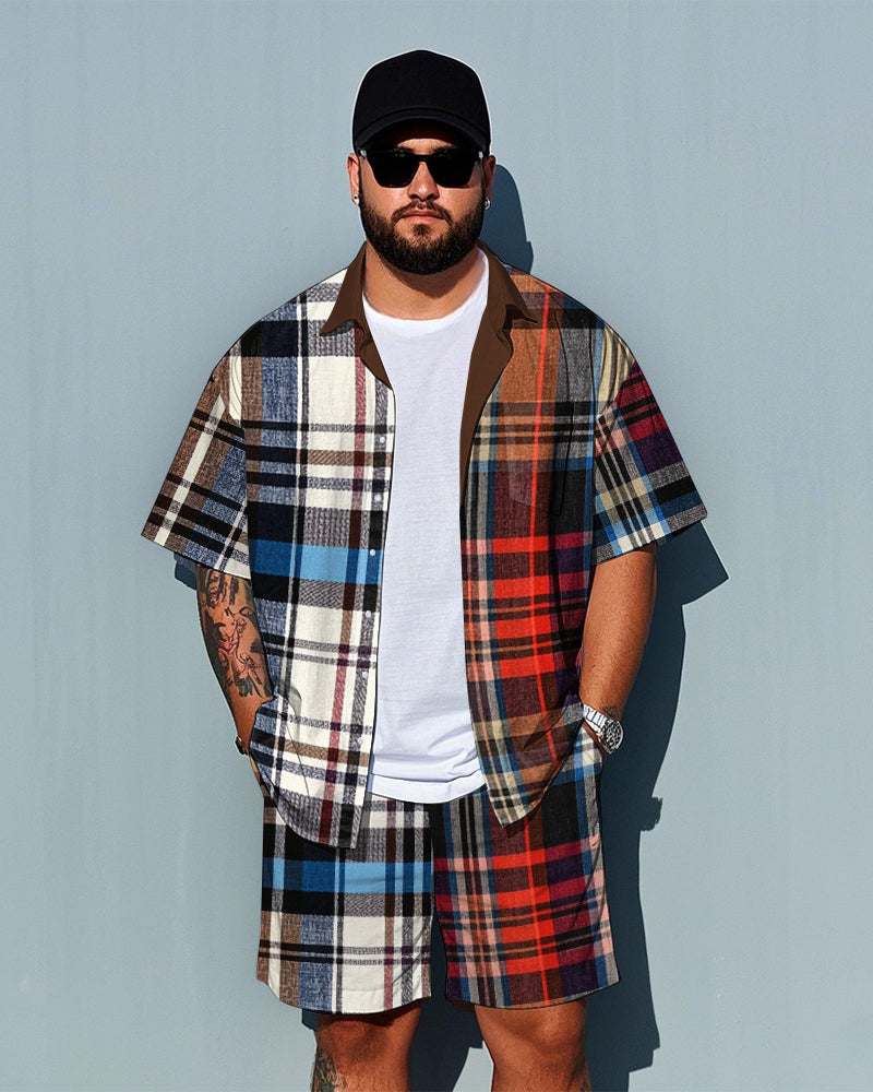 Big & Tall Colorblock Plaid T-Shirt Shorts Set for big men view 1