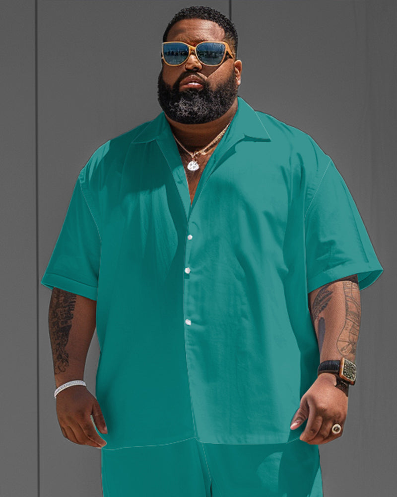 Big & Tall Green Solid Color T-Shirt Shorts Set for big men view 2
