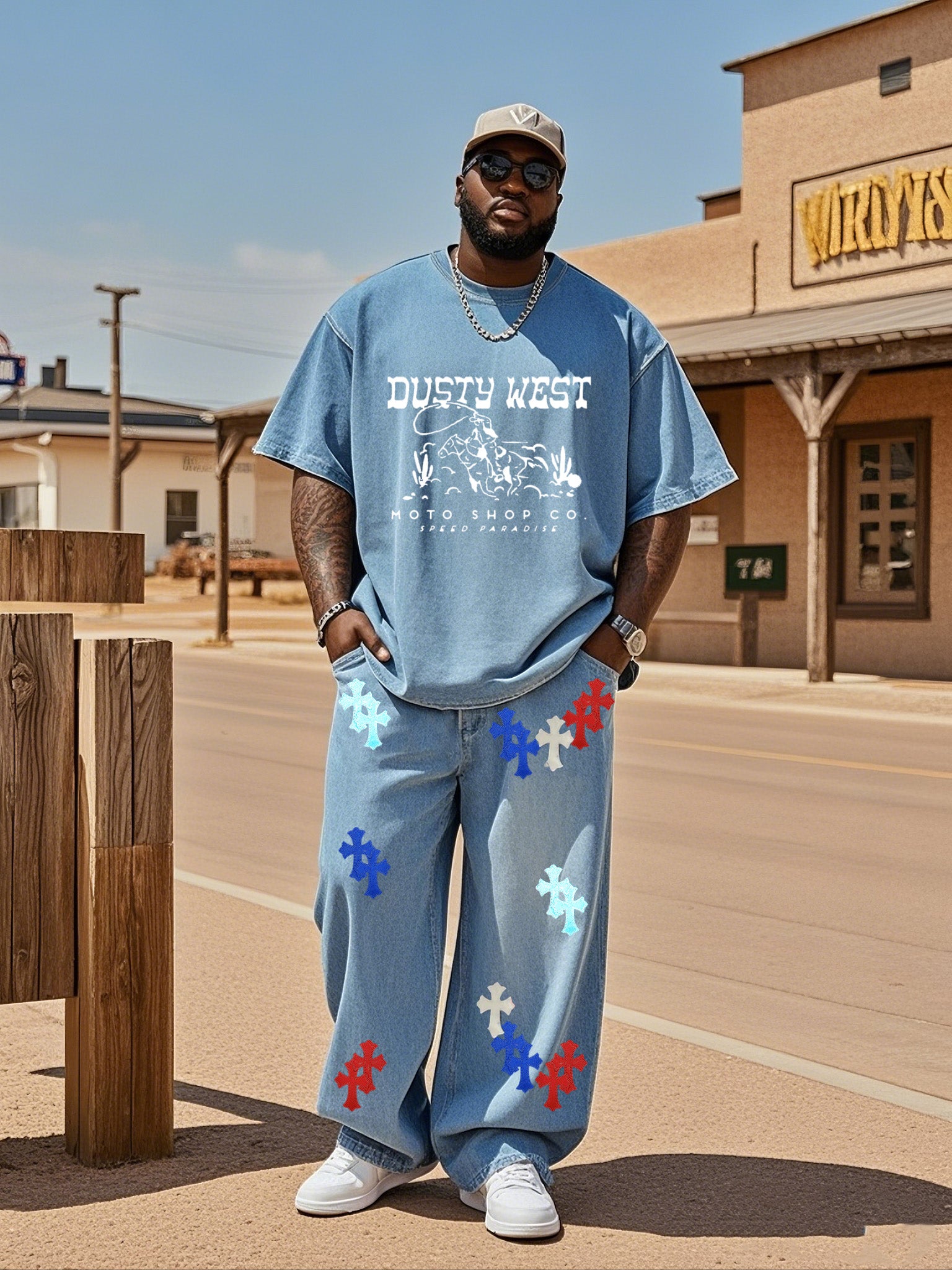Big & Tall Denim Graphic T-Shirt Pants Set for big men