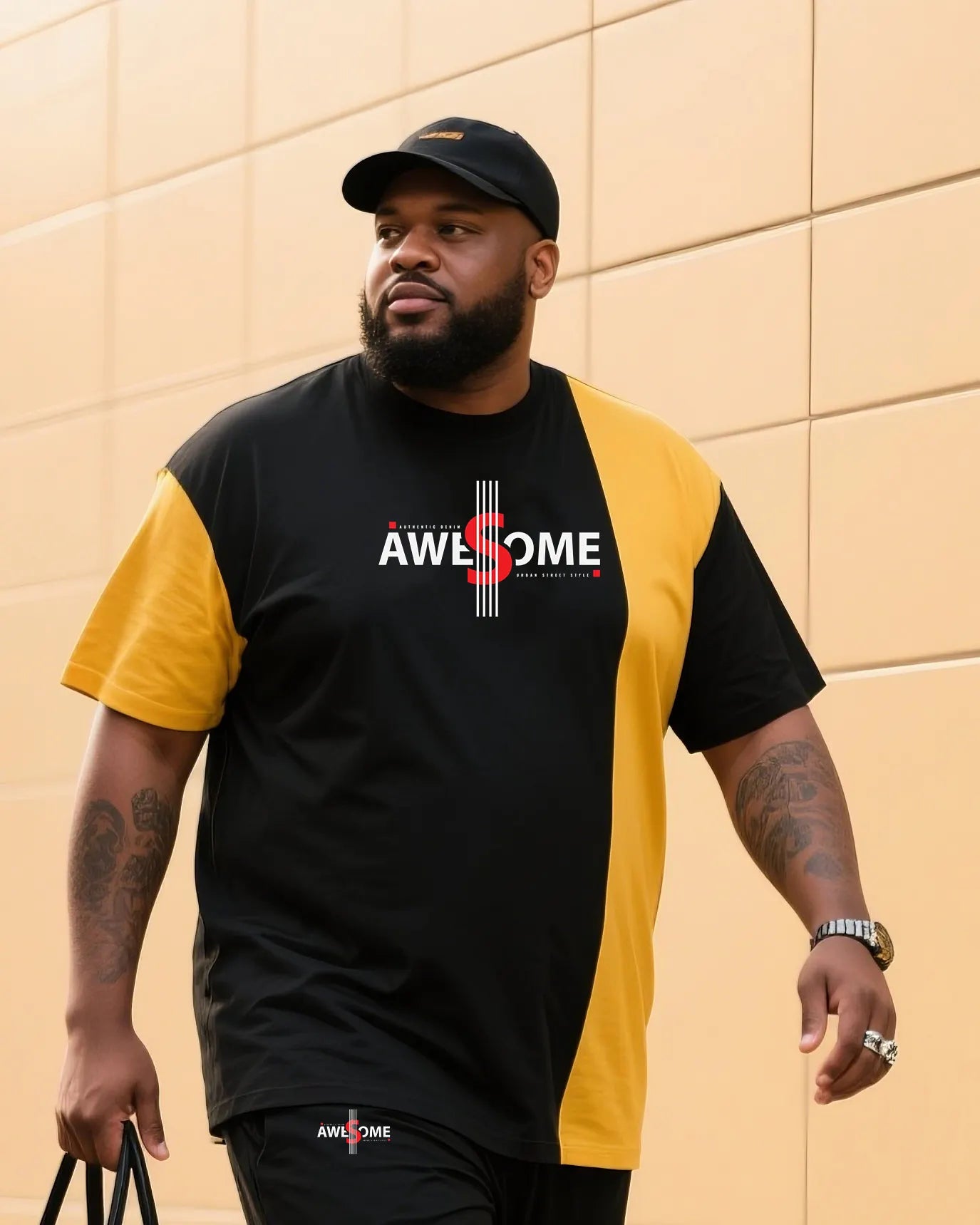Big & Tall Black Streetwear Two-piece Set for big men view 1