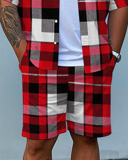 Big & Tall Red Plaid Graphic T-Shirt Shorts Set for big men view 3