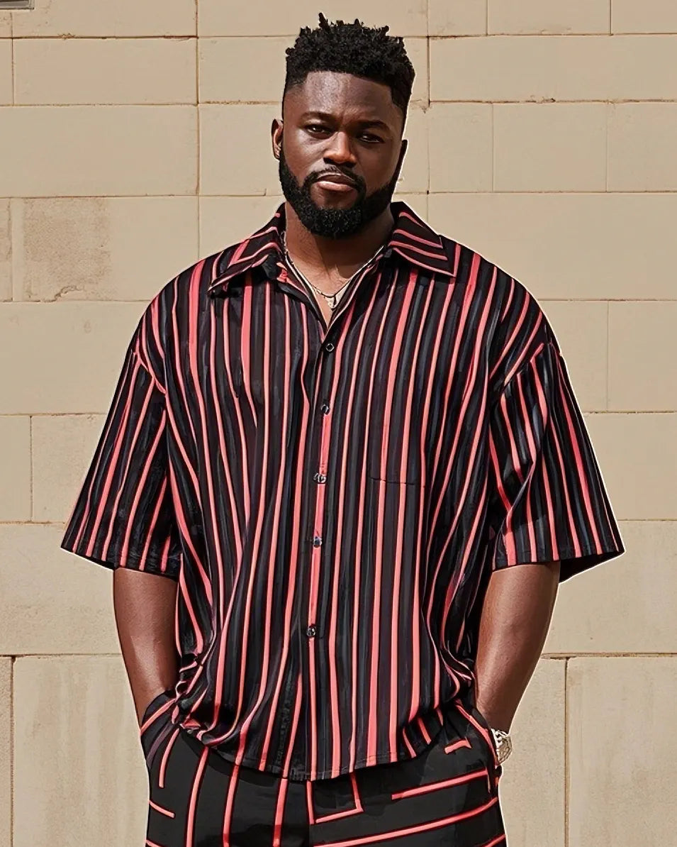 Big & Tall Black Red Colorblock T-Shirt Shorts Set for big men view 2