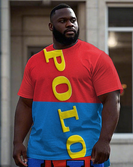 Big & Tall Blue Red Colorblock T-Shirt Shorts Set for big men view 2