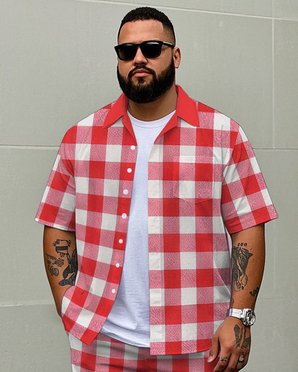 Big & Tall Red Plaid T-Shirt Shorts Set for big men view 2