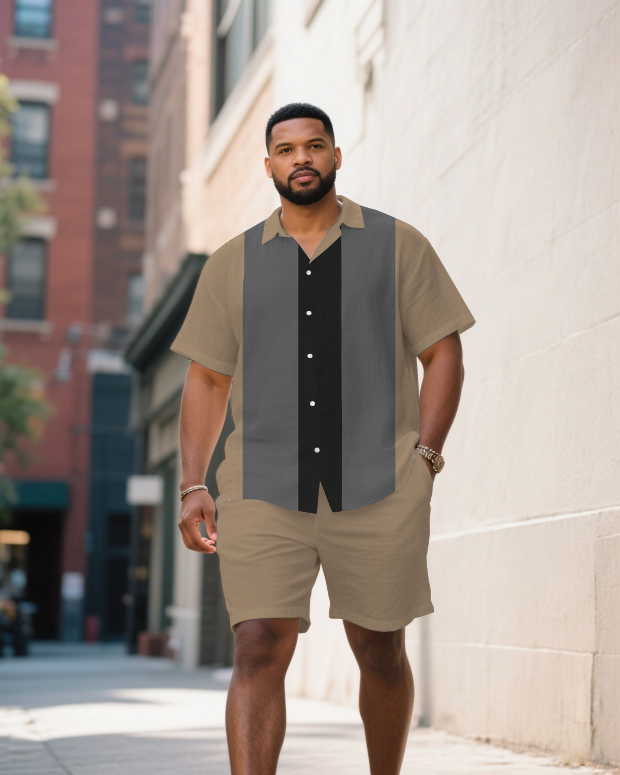 Big & Tall Black Khaki Colorblock T-Shirt Shorts Set for big men view 1