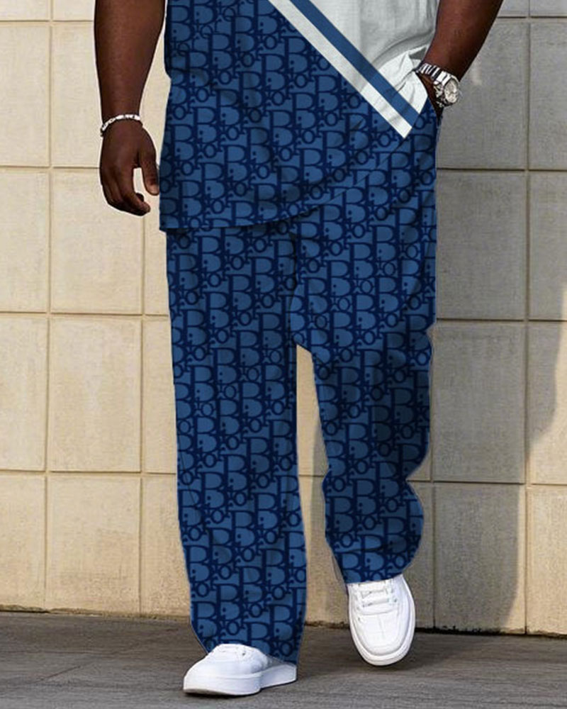 Big & Tall White Blue Colorblock T-Shirt Pants Set for big men view 3