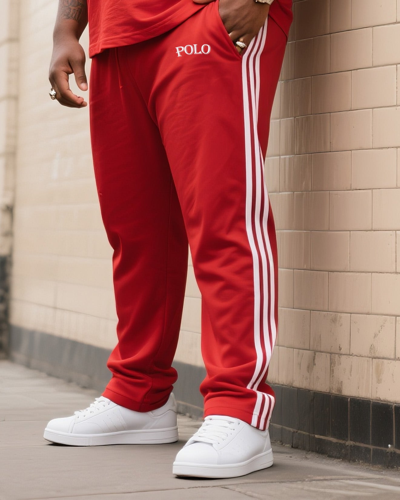 Big & Tall White Red Striped T-Shirt Pants Set for big men view 3