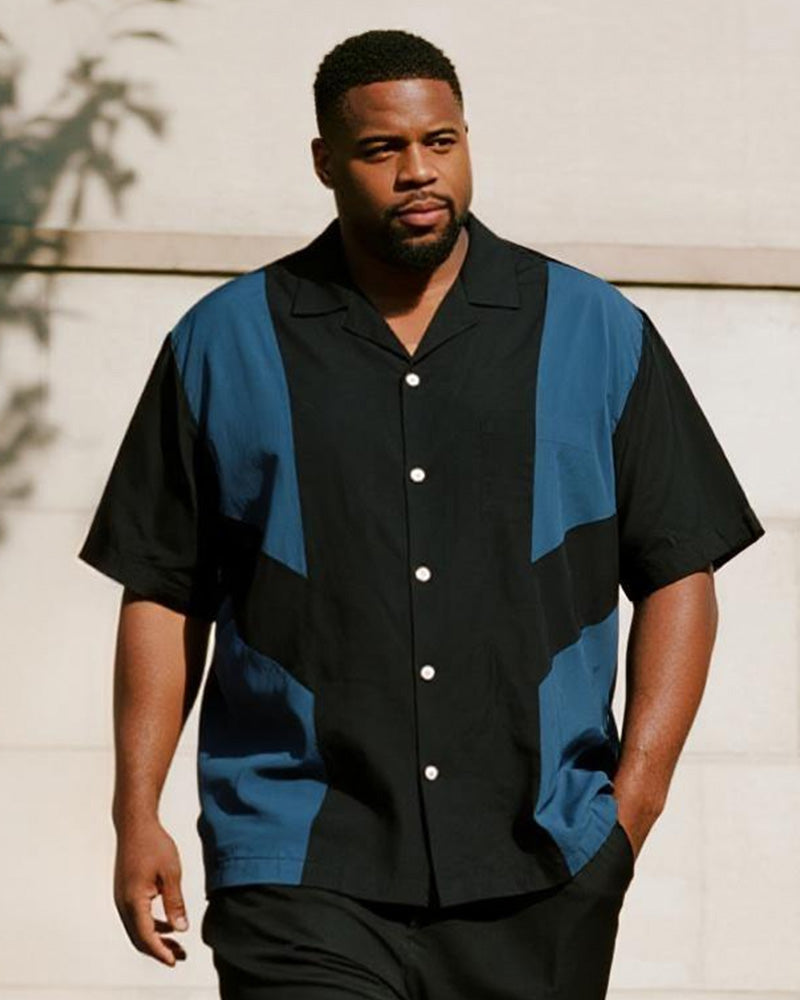 Big & Tall Black Blue Colorblock T-Shirt Pants Set for big men view 2