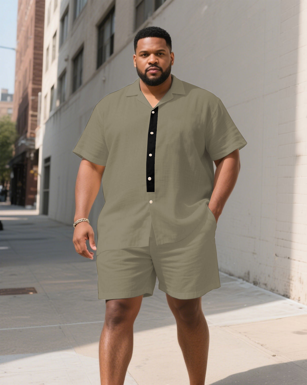 Big & Tall Black Khaki Hawaiian T-Shirt Shorts Set for big men view 1