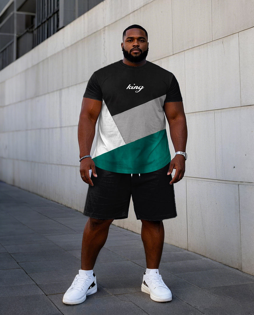Big & Tall Black Green Colorblock T-Shirt Shorts Set for big men view 1